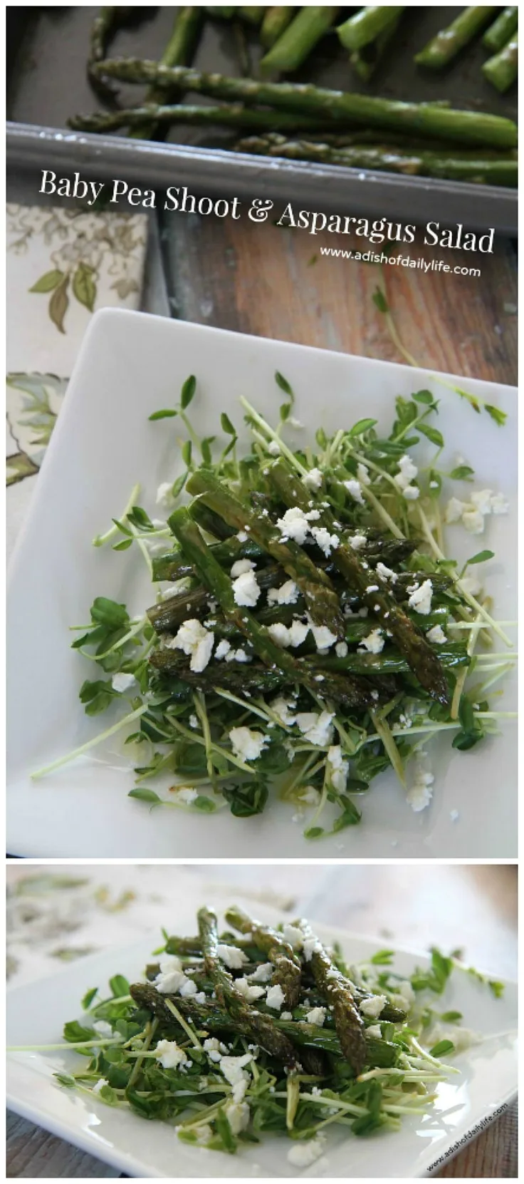 Delicious spring salad...tender Baby Pea Shoots and Roasted Asparagus, topped with feta and a lemon vinaigrette. Perfect for a light lunch or as a starter for dinner. 