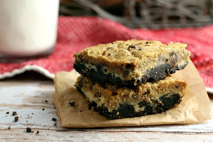 Cheesecake Cookie Bars with Oreos and Chocolate Chip Cookie Dough