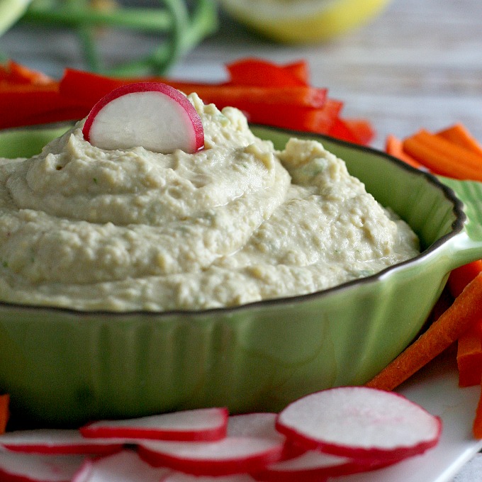 Garlic Scape Hummus with cut vegetables
