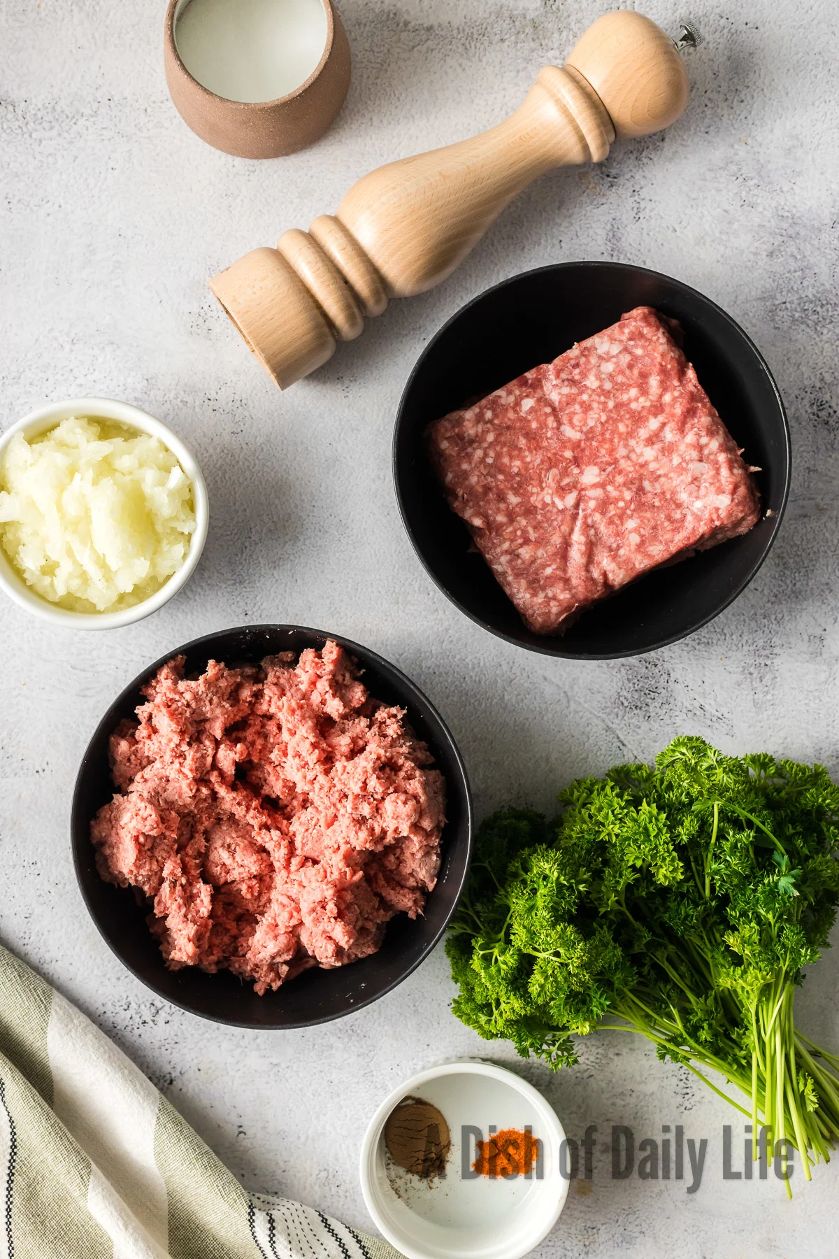All ingredients for Kafta Burgers laid out on counter