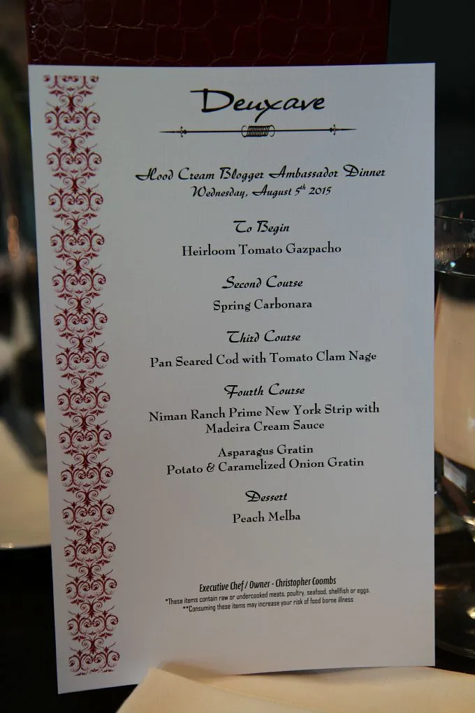 Deuxave Hood Cream Blogger Ambassador Dinner menu