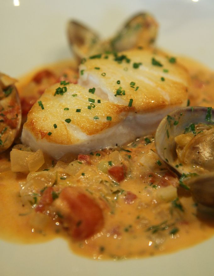 Pan Seared Cod with Tomato Clam Nage