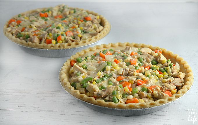 This delicious and healthy chicken pot pie recipe is packed with farm fresh ingredients and flavor! It's also a time saver for busy families...make one for dinner and save one for a freezer meal for when you're really stretched for time.