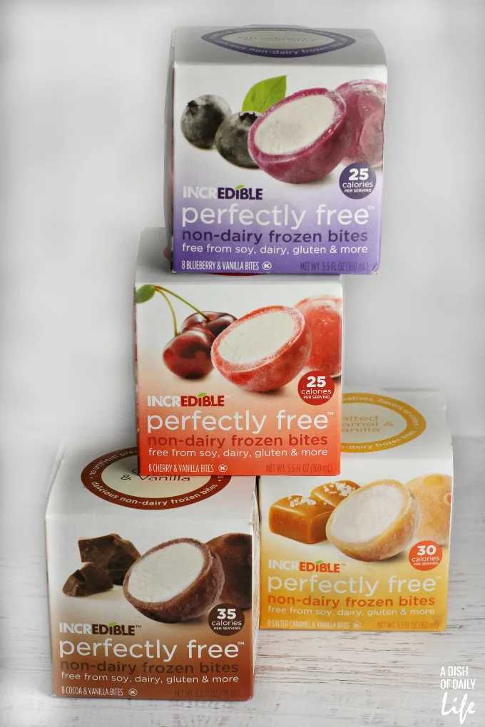 Perfectly Free non-dairy frozen bites come in 4 flavors: Blueberry, Cherry, Cocoa and Salted Caramel, and are free from most common allergens, including dairy, gluten, wheat, soy, egg, peanut, almond, cashew, fish and shellfish.