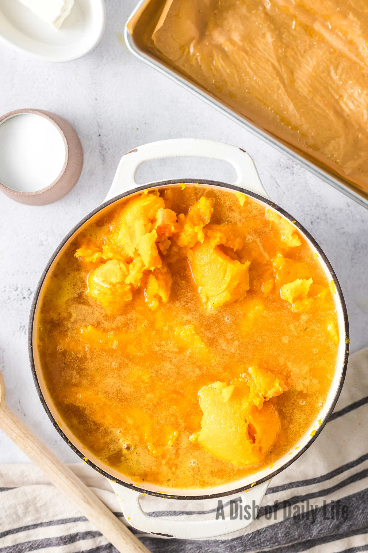 Chicken stock and roasted squash added to soup pot, unmixed.