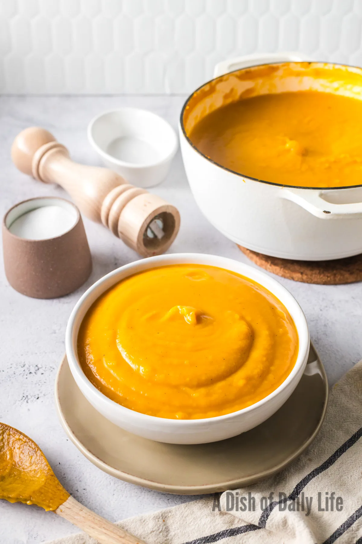 zoomed out image of a bowl of soup with the pot of soup in the background.