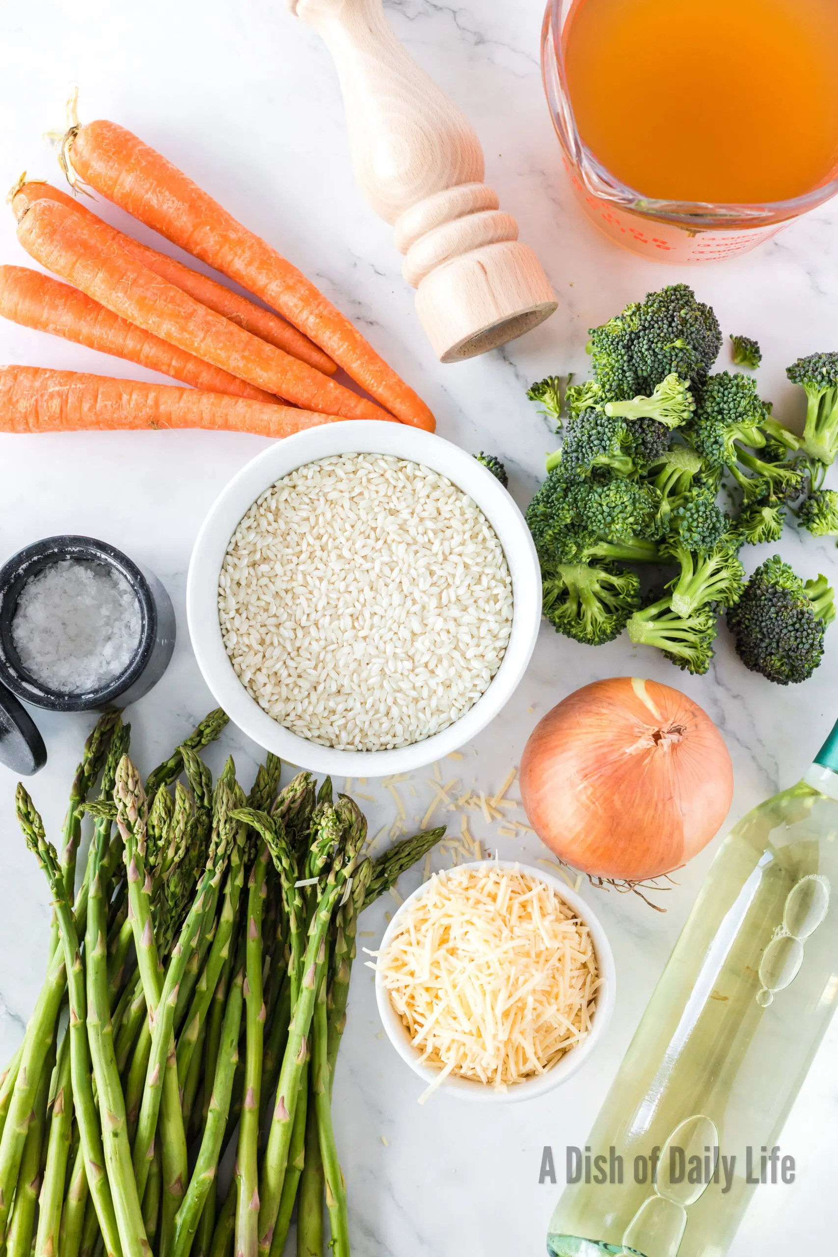 All ingredients for vegetable risotto laid out on counter