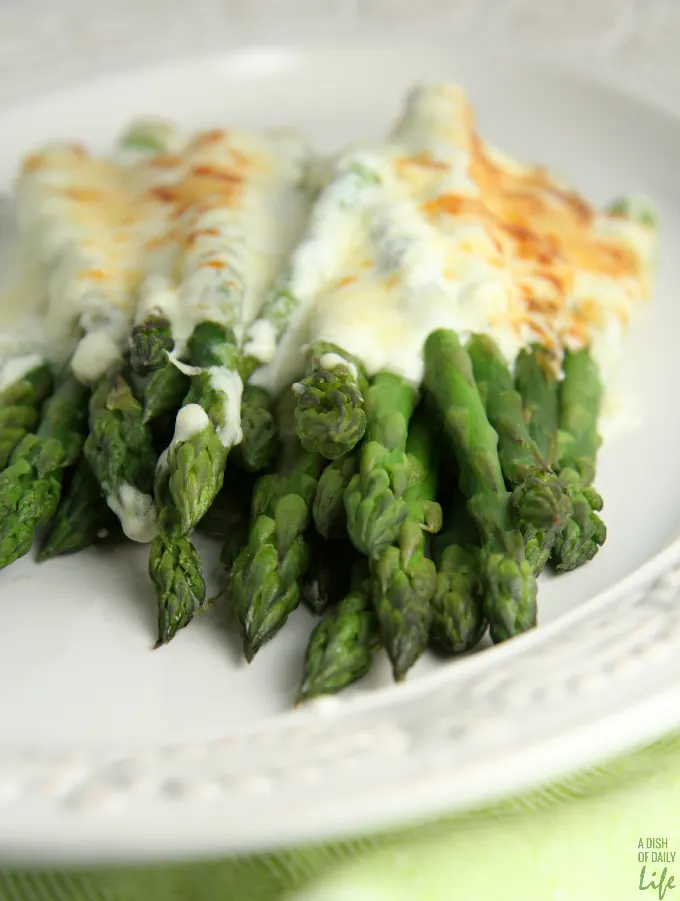 Asparagus Gratin...an easy but elegant side dish that will WOW your holiday guests! Recipe from the free eCookbook Chef Creations Inspired by Hood Cream.