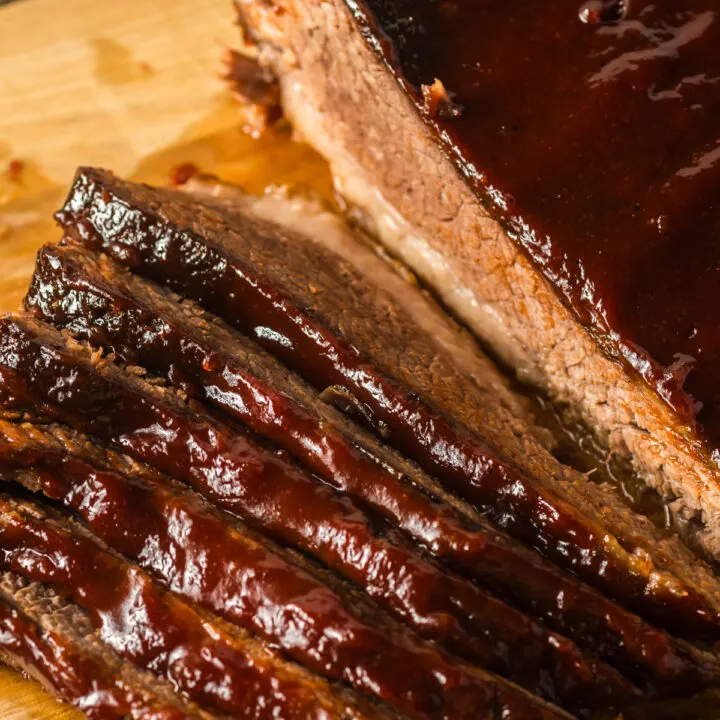 top view of sliced brisket on cutting board