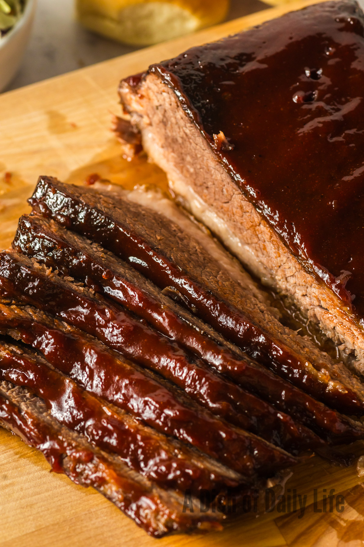 top view of sliced brisket on cutting board