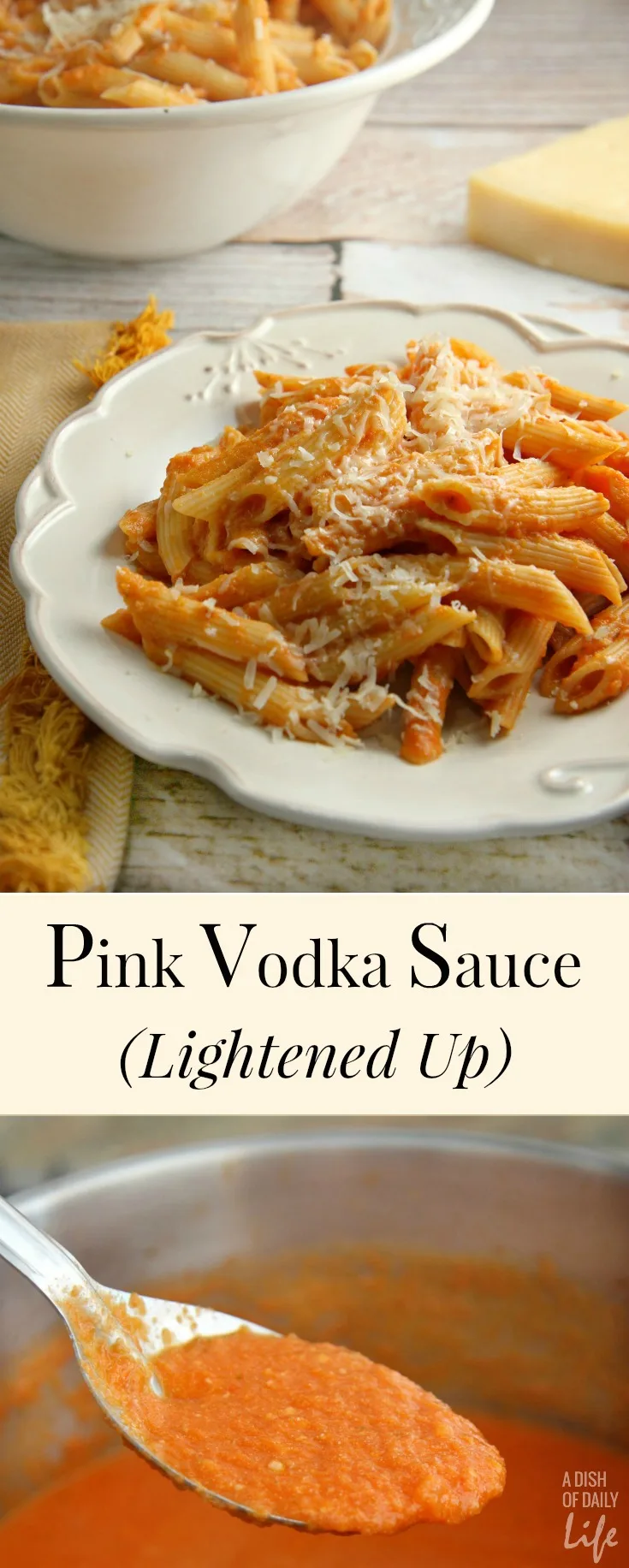 This Lightened Up Pink Vodka Sauce recipe, served over pasta, is a delicious easy meal when you need to get dinner on the table fast! It makes enough sauce for two pounds of pasta, so freeze your leftover sauce for another night. Created for Cooking for a Cure to bring awareness to Breast Cancer Awareness Month. Vegetarian.