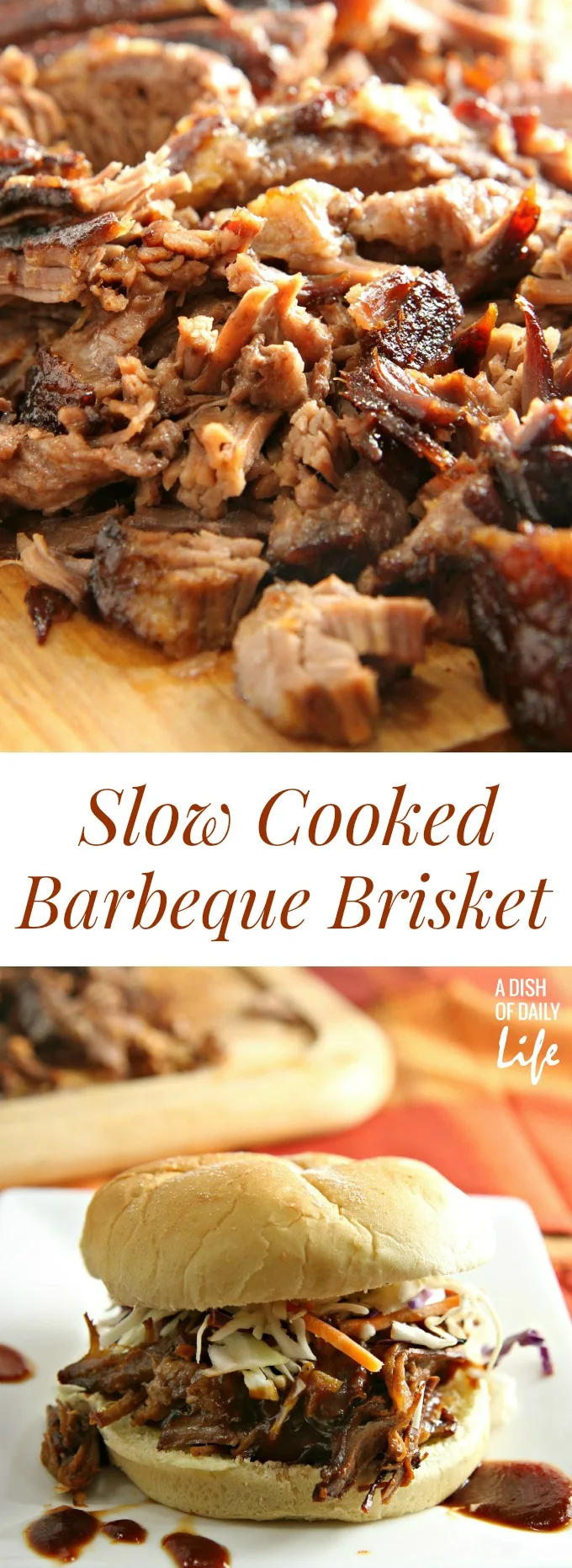 This mouthwatering Slow Cooked Barbeque Brisket recipe is a new family favorite! 10 minutes of prep time and just pop it in the oven to slow roast to perfection! Perfect easy weeknight meal or game day food!