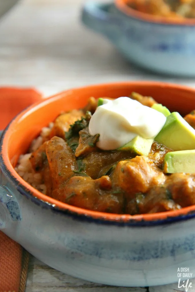 This healthy Southwestern Chicken Rice Bowl features seasonal vegetables with the Butternut Squash red enchilada sauce and kale. An easy meal, the sauce recipe makes enough for two dinners, allowing you to freeze it for another night or double up your recipe! Perfect for Mexican night!