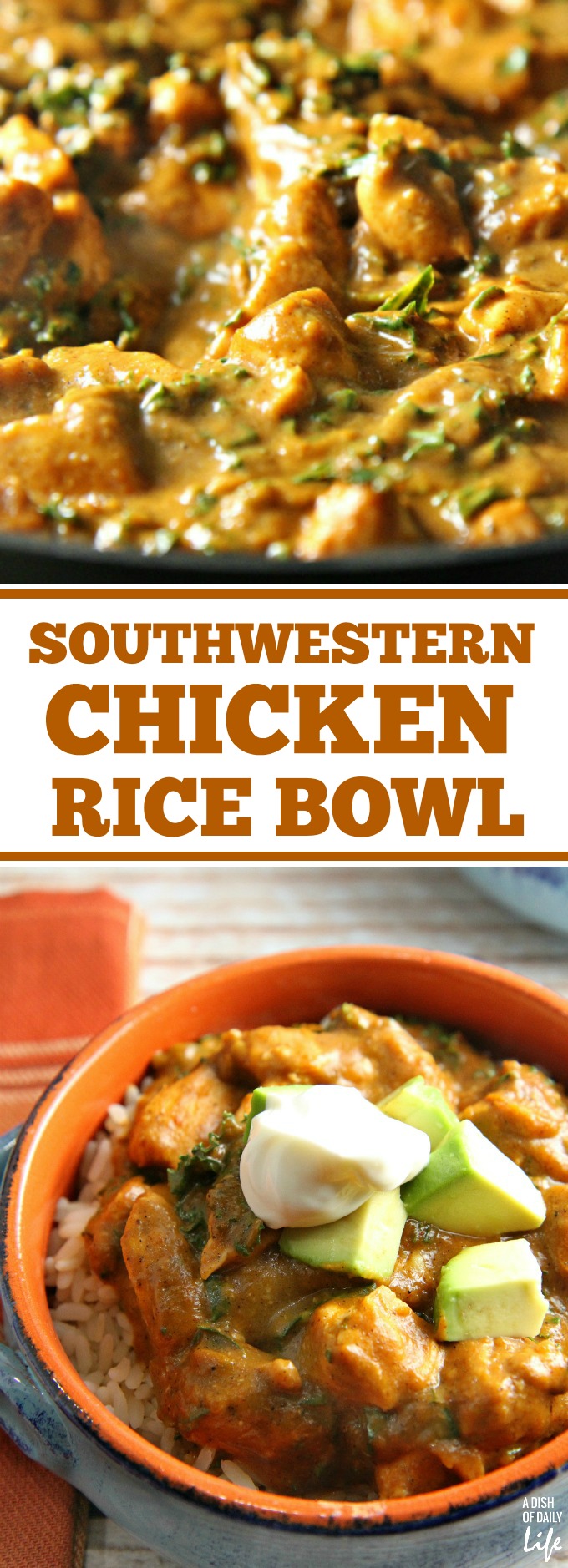 This healthy Southwestern Chicken Rice Bowl features seasonal vegetables with the Butternut Squash red enchilada sauce and kale. An easy meal, the sauce recipe makes enough for two dinners, allowing you to freeze it for another night or double up your recipe! Perfect for Mexican night!