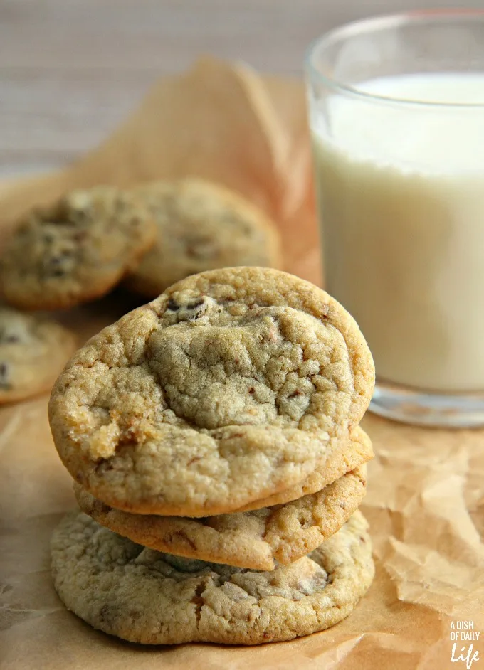 These chocolate chip coffee toffee cookies may look like an ordinary chocolate chip cookie, but bite into one and you are in for a delicious surprise! The toffee bits and a hint of coffee take the flavor of these chocolate chip cookies to a new level. You're definitely going to want to add them to your holiday baking list!