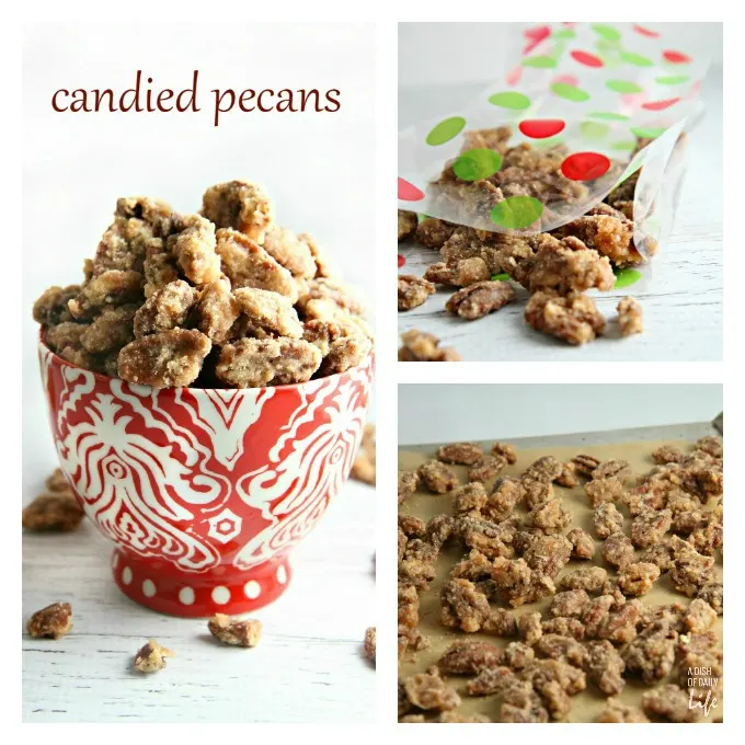Candied pecans...great holiday gift, easy recipe for your Christmas cookie exchange, and a lovely addition to your holiday dessert table. Use them in salads and as a topping for desserts too. This is a MUST MAKE recipe this holiday season! Only 6 ingredients.