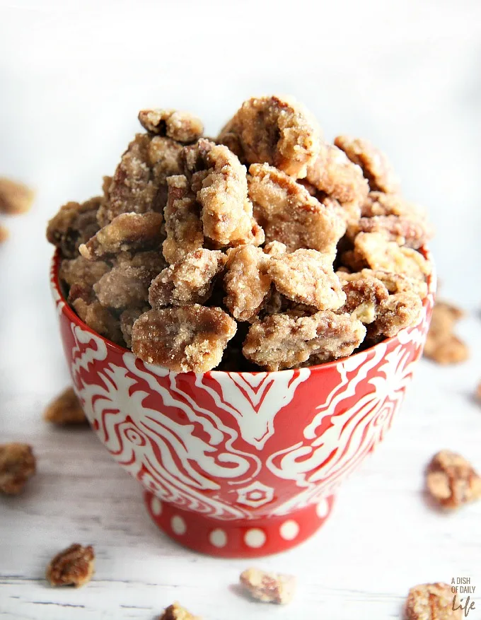 Candied pecans...great holiday gift, easy recipe for your Christmas cookie exchange, and a lovely addition to your holiday dessert table. Use them in salads and as a topping for desserts too. This is a MUST MAKE recipe this holiday season! Only 6 ingredients.