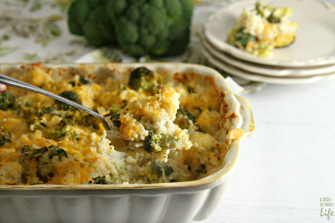 Cheesy Broccoli Rice Casserole...a warm and comforting casserole made from scratch using all natural cheeses!