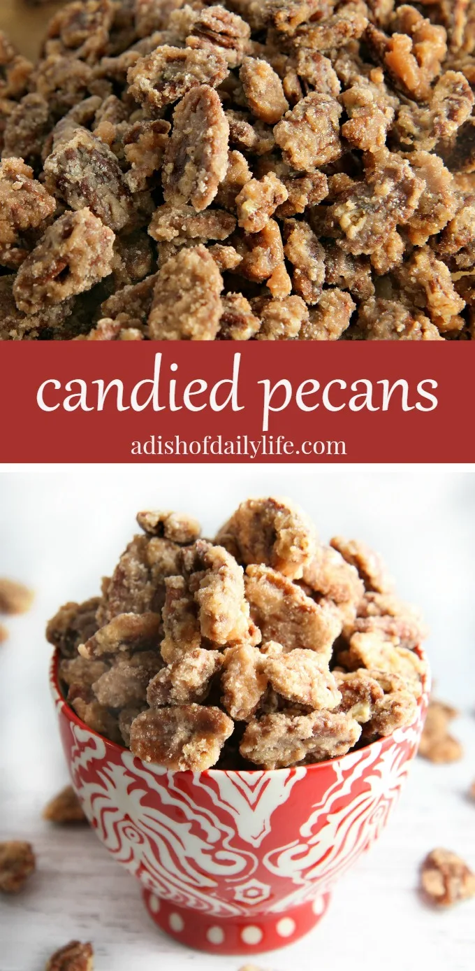 Candied pecans make a wonderful appetizer for parties, and a great topping for salads and desserts! Such an easy recipe to make and SO delicious!