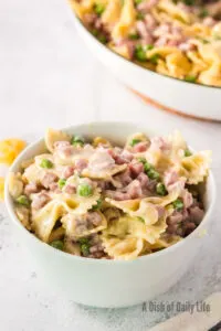 zoomed out image of an individual bowl of ham pasta
