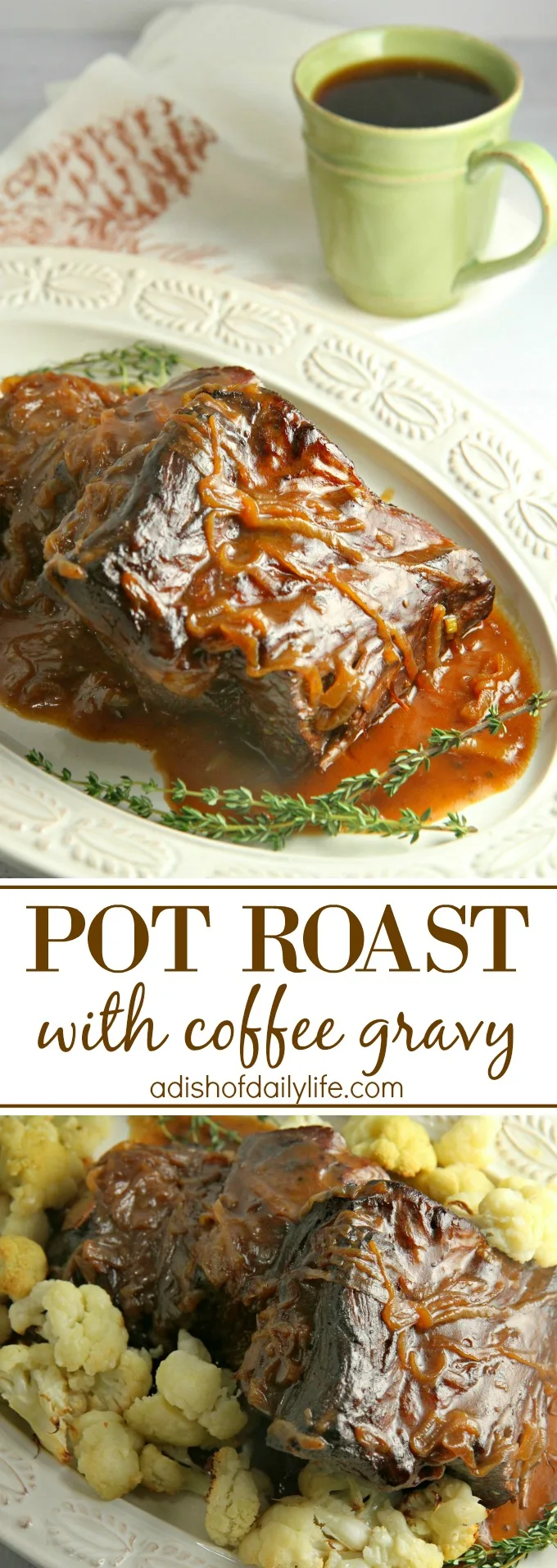 Slow cooked, melt in your mouth Pot Roast with Coffee Gravy and caramelized onions is the perfect comfort food for the chilly winter months!