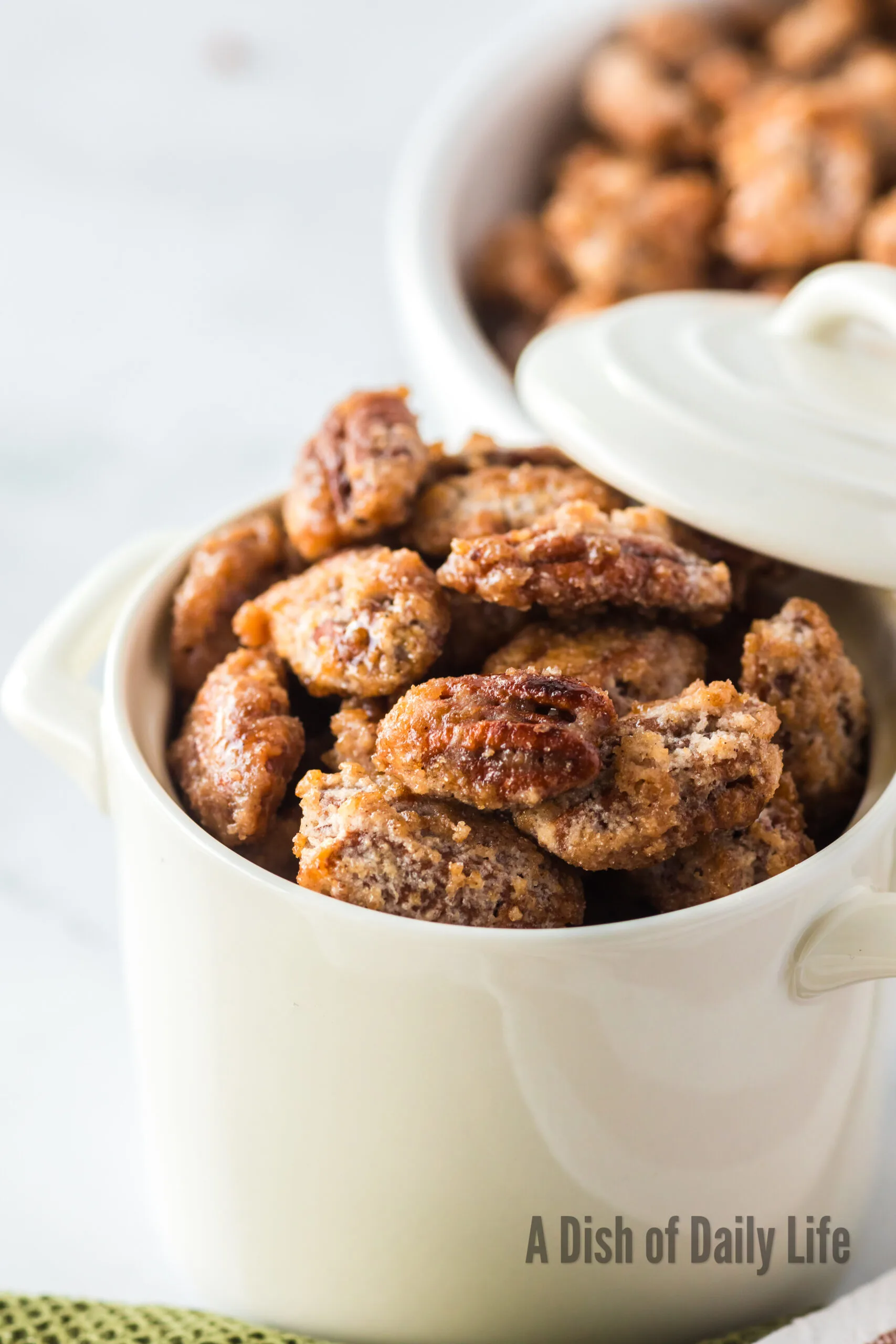 side view of pecans in mini pot , ready to serve