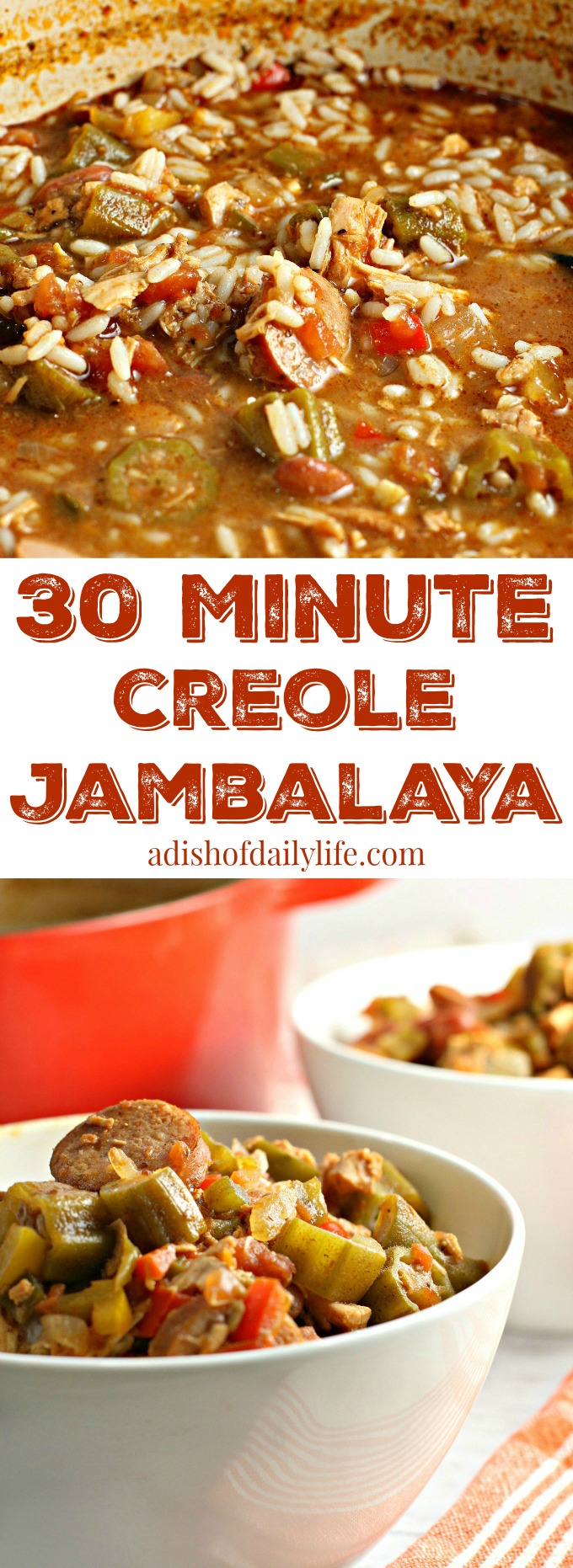 Enjoy a little Louisiana Southern comfort with this 30 Minute Creole Jambalaya! It's an easy weeknight meal for busy families and perfect for game day or Mardi Gras too. Very little prep work. 