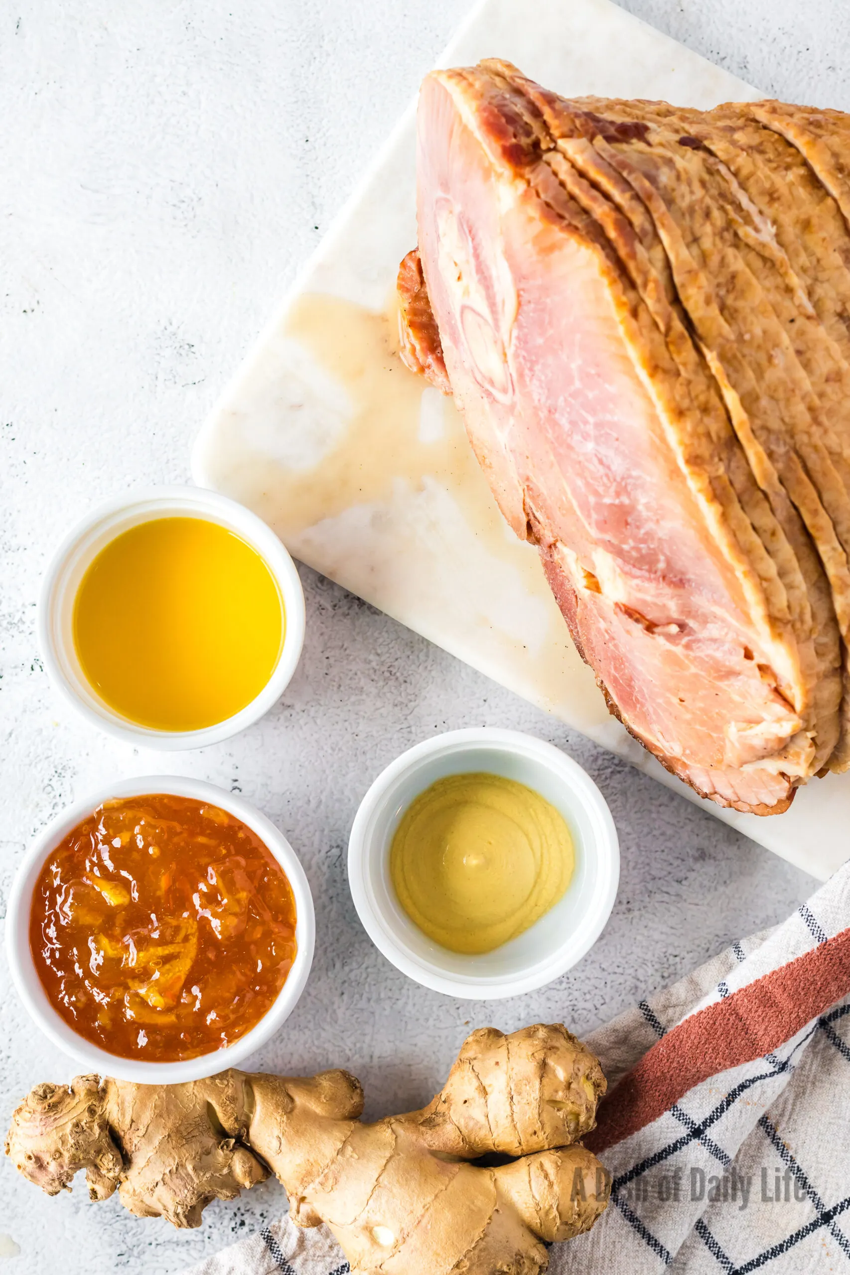 All ingredients laid out on counter for Orange Marmalade Ham Glaze
