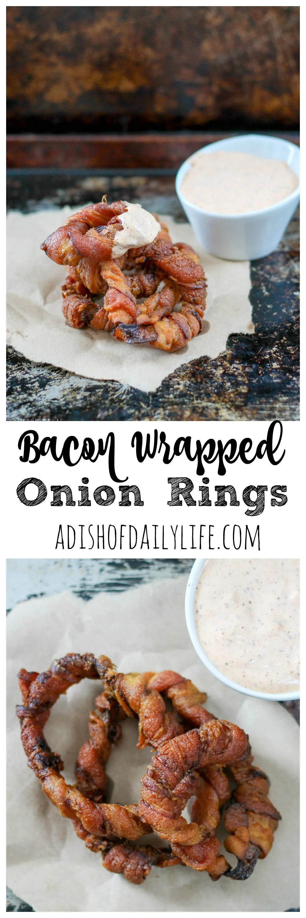 These crispy bacon-wrapped onion rings are the perfect finger food for a party, as a side dish for your burger, or just an afternoon snack with friends. Dipped in chipotle sauce, they are a crowd-pleaser!