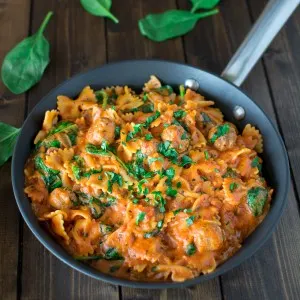 Mini Italian sausage meatballs cooked with Bow Tie pasta in a creamy tomato sauce. Ready in 30 minutes!