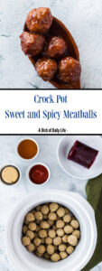 Collage of images for Pinterest. Top image is of a wooden spoon full of meatballs. Bottom image is all ingredients laid out on counter.