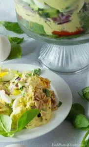 The dressing in my Creamy Deviled Egg Layered Pasta Salad has to be the best dressing I think I have ever made. Creamy, eggy, tangy and bold!