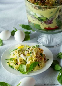 The dressing in my Creamy Deviled Egg Layered Pasta Salad has to be the best dressing I think I have ever made. Creamy, eggy, tangy and bold!