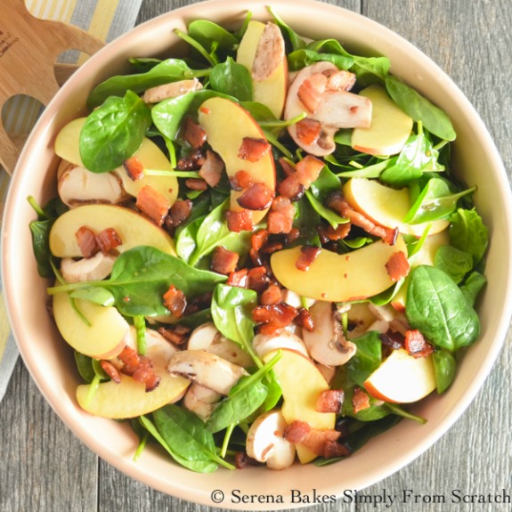 Fuji Apple Spinach Bacon Salad With Creamy Honey Mustard Viniagrette + 18 more salad recipes perfect for your next potluck! 