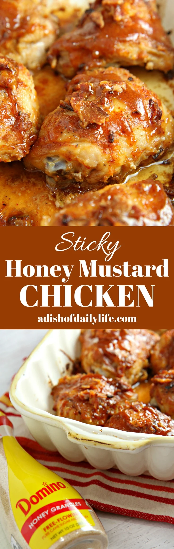 Easy Sticky Honey Mustard Chicken...chicken thighs drizzled with a sweet and tangy honey mustard sauce, flavored with bacon and chili powder...oh so delicious! 