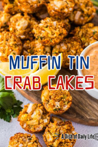 Main image for Muffin Tin Crab Cakes. Zoomed in image of mini crab cakes with sauce.