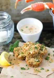 Crab cakes are a great appetizer or main dish for dinner! Muffin Tin Crab Cakes are full of lump crab meat and have the right amount of spice! Drizzle with Old Bay Remoulade for a treat that will take you to the sea! Mini Muffin Tin Crab Cakes with Old Bay Remoulade Recipe | Take Two Tapas