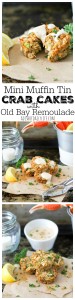 Crab cakes are a great appetizer or main dish for dinner! Muffin Tin Crab Cakes are full of lump crab meat and have the right amount of spice! Drizzle with Old Bay Remoulade for a treat that will take you to the sea! Mini Muffin Tin Crab Cakes with Old Bay Remoulade Recipe | Take Two Tapas
