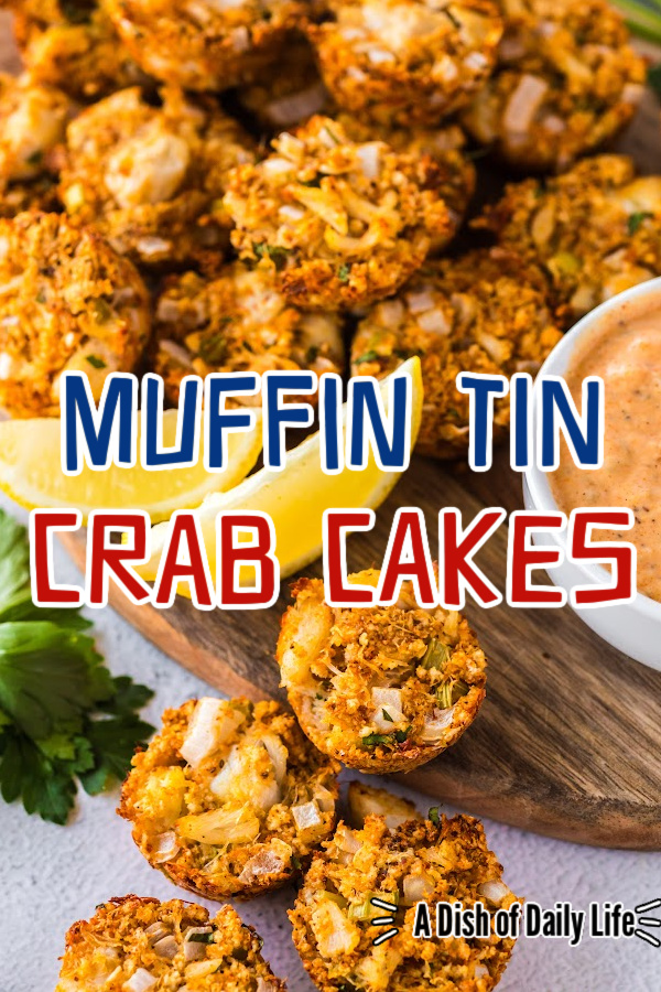 Main image for Muffin Tin Crab Cakes. Zoomed in image of mini crab cakes with sauce.