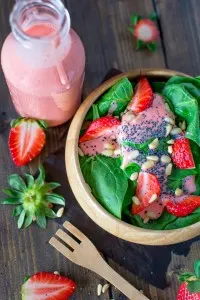 Colorful and healthy, this Simple Spinach and Strawberry Salad makes a great lunch and can be easily customized. The strawberry dressing is the best in the world!