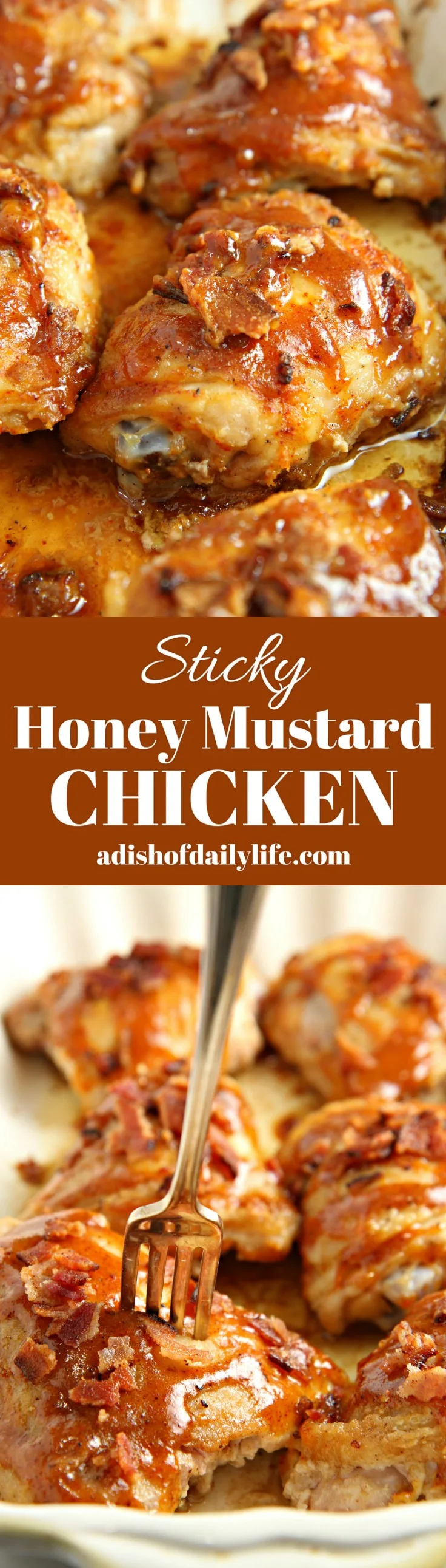 Easy Sticky Honey Mustard Chicken...chicken thighs drizzled with a sweet and tangy honey mustard sauce, flavored with bacon and chili powder...oh so delicious! 