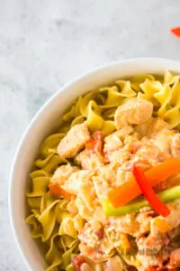 bowl full of egg noodles and chicken paprika