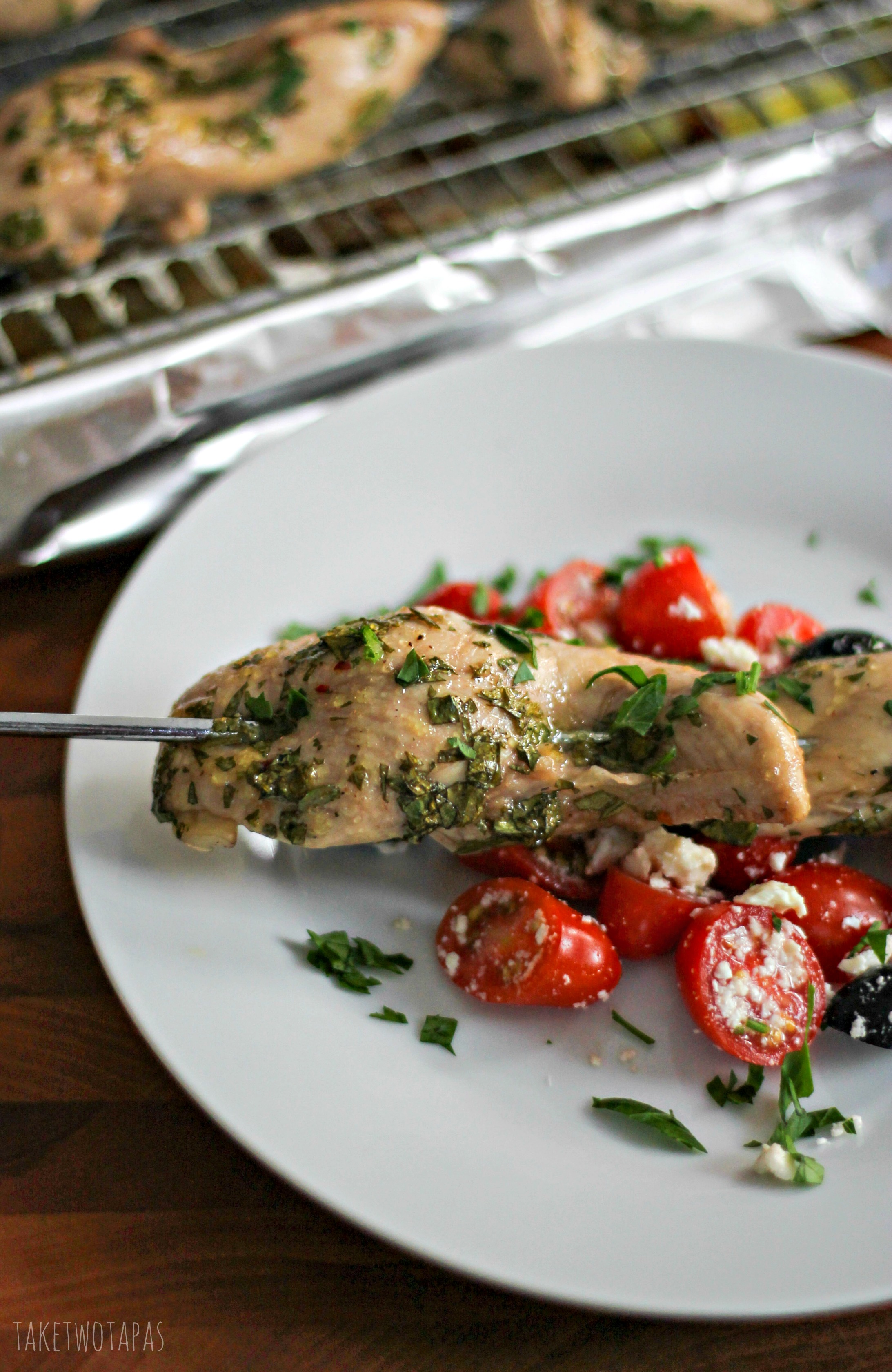 Juicy chicken marinated in a tangy, red wine vinaigrette, and served on a stick. Everything about that says fun. My kids love fun! Mediterranean Chicken Skewers Recipe | Take Two Tapas