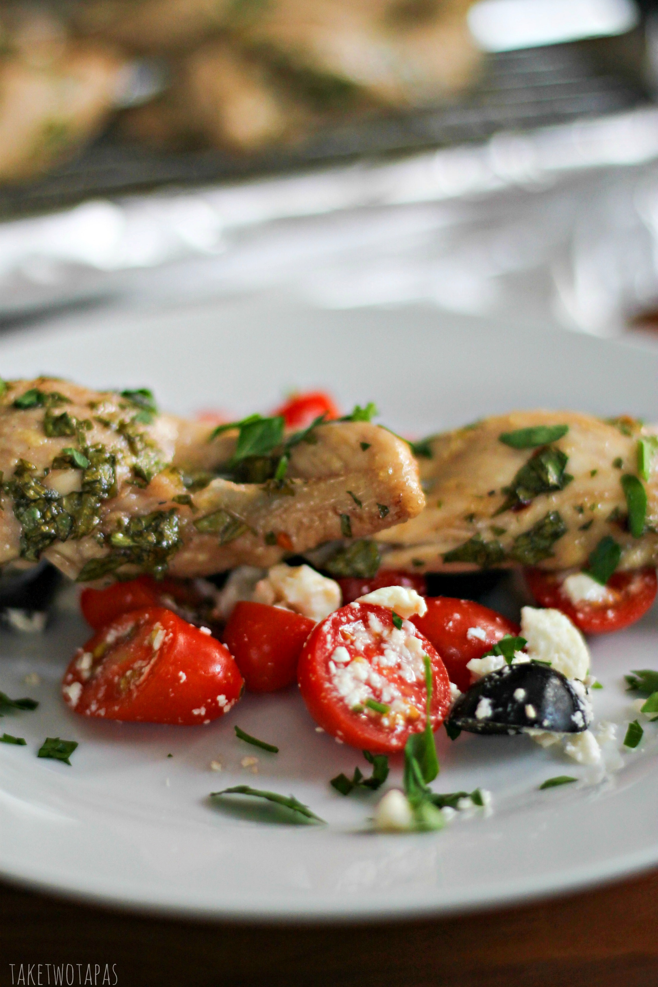 Juicy chicken marinated in a tangy, red wine vinaigrette, and served on a stick. Everything about that says fun. My kids love fun! Mediterranean Chicken Skewers Recipe | Take Two Tapas