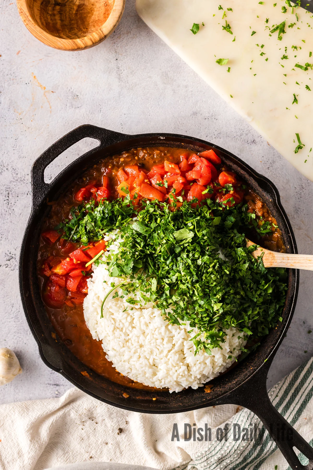 tomatoes, cilantro and cooked rice added to onion mixture.
