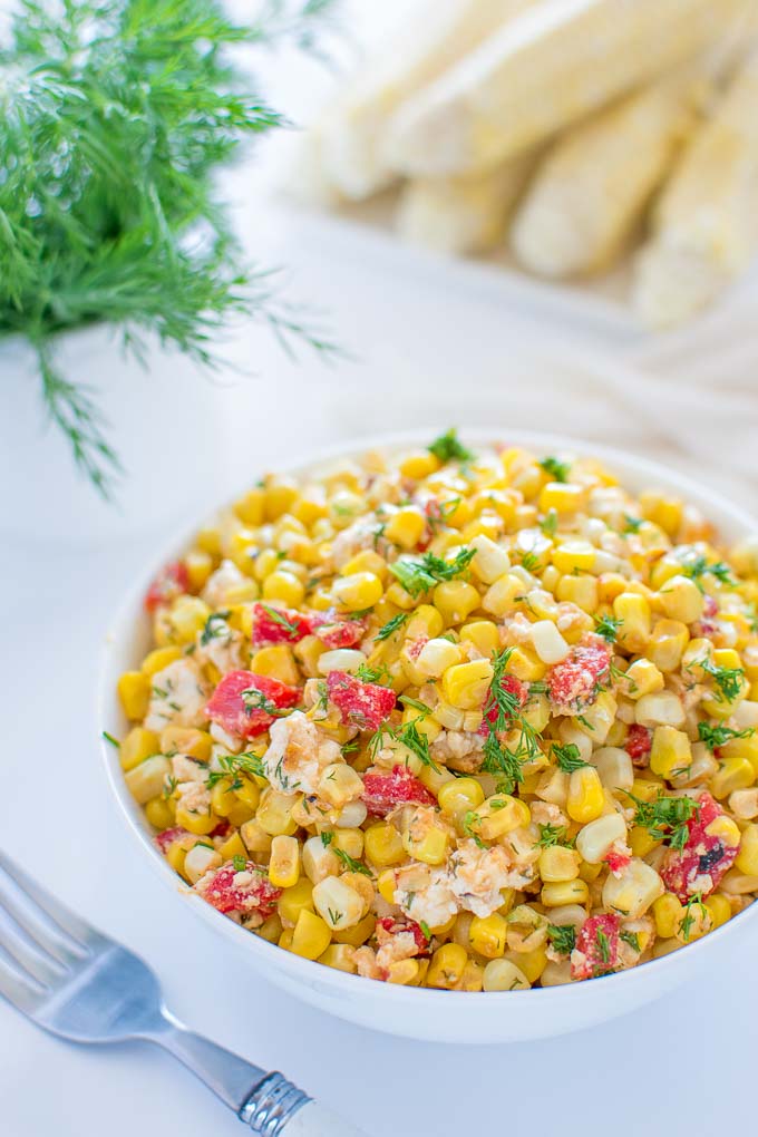 Quick and colorful Corn and Feta Salad is perfect for picnics and hot summer days. Serve this salad as an appetizer, a topping for whole grains or as a salsa with grilled chicken or fish.