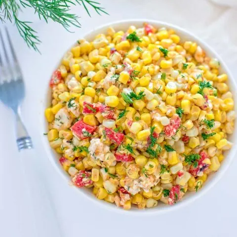 Quick and colorful Corn and Feta Salad is perfect for picnics and hot summer days. Serve this salad as an appetizer, a topping for whole grains or as a salsa with grilled chicken or fish.