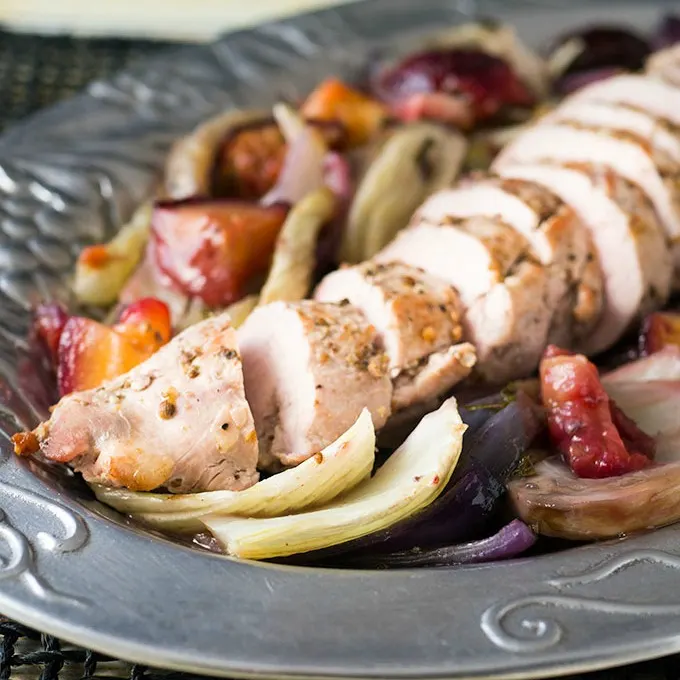 One skillet, easy pork tenderloin recipe with fennel and plums.