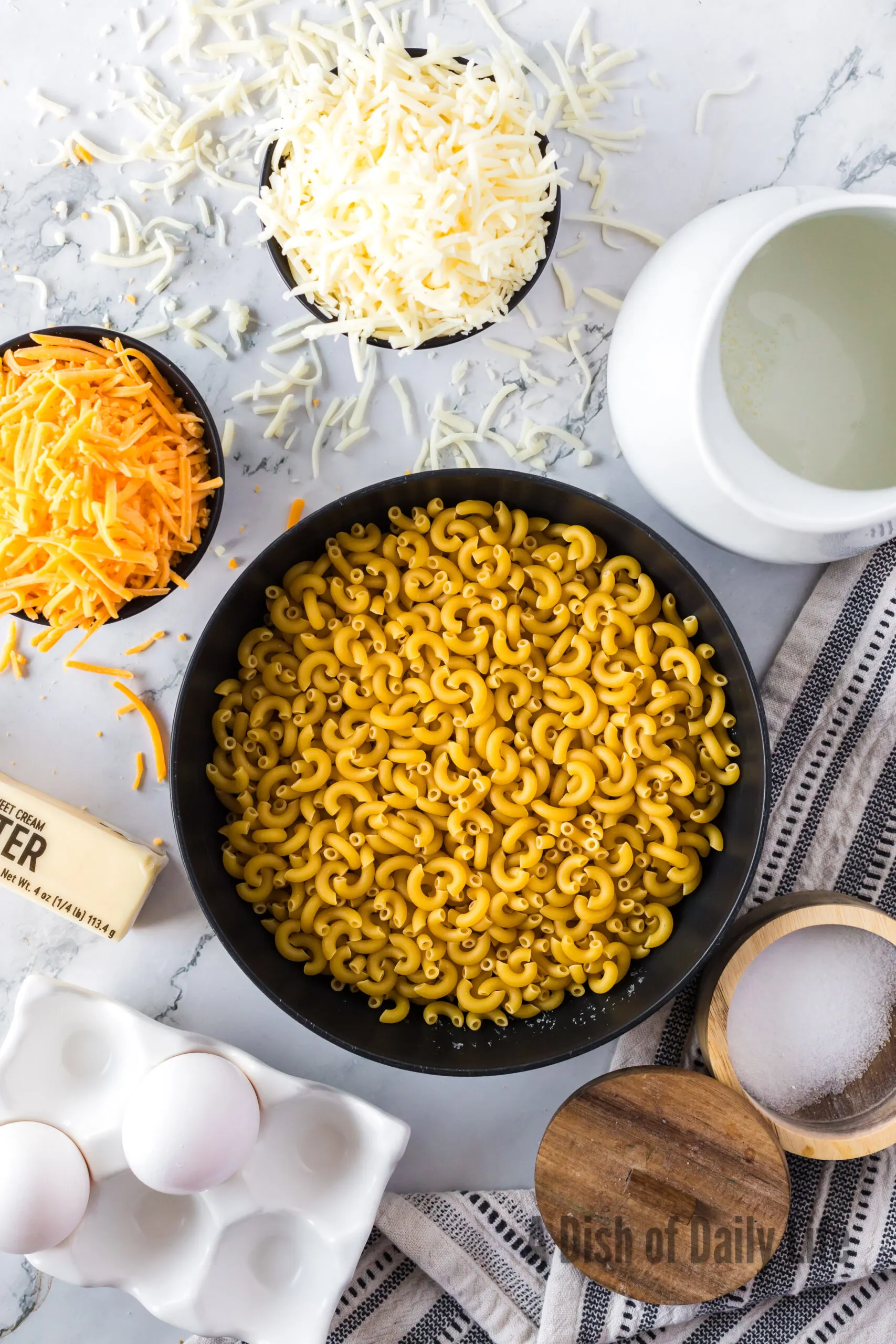 All ingredients laid out on counter for Macaroni and Cheese