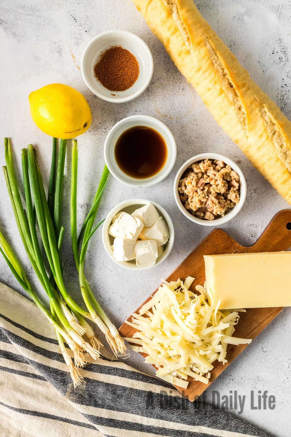 All ingredients for Clam Bruschetta laid out on counter